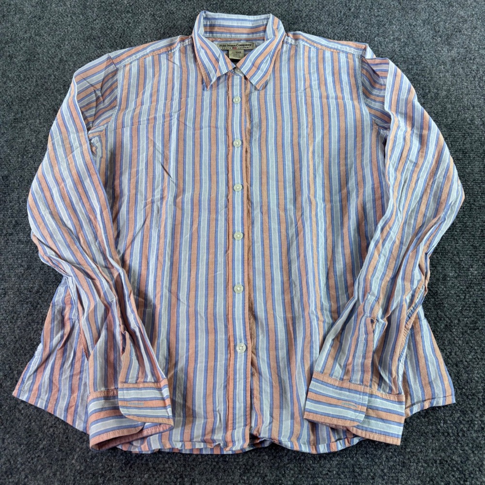 Polo Jeans Company Button Down Shirt Women XL Orange Blue Striped Cotton Classic